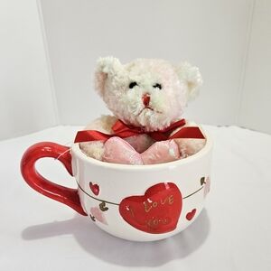 Valentine Teddy Bear in Heart Mug “I Love You” Decor Gift Collectible